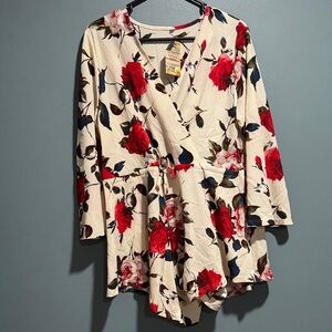 Floral Wrap Jumpsuit- Cream with Red and Blue Flower Accents